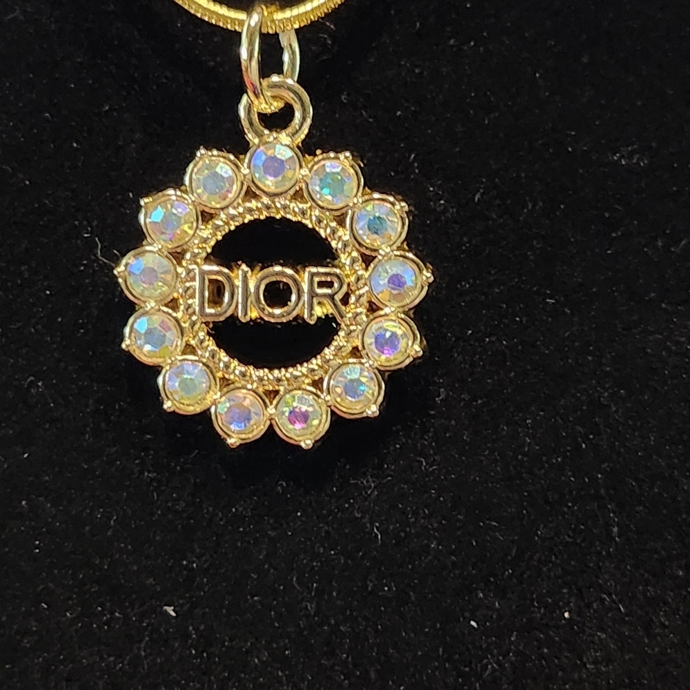 Gold with Iridescent Crystal Circle Pendand With Upcycled Chain #39